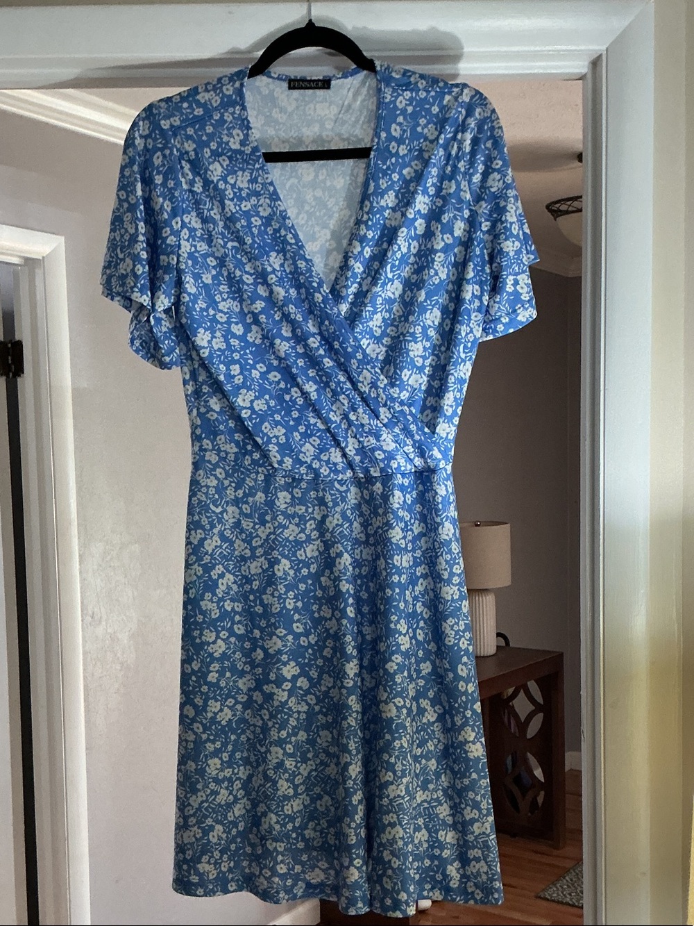 Floral Blue Wrap Dress with Flutter Sleeves